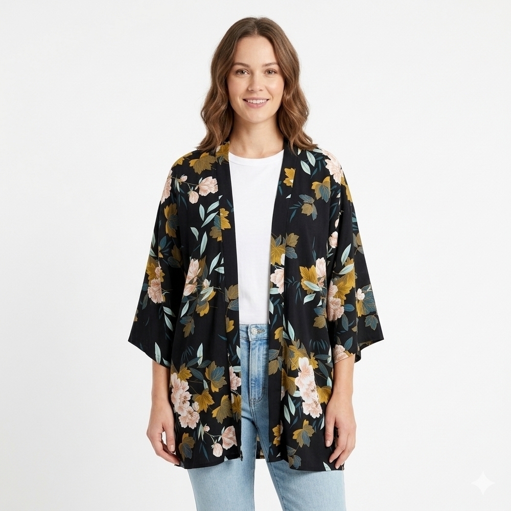 Do Everything in Love Black Floral Kimono Cardigan Duster One Size Boho